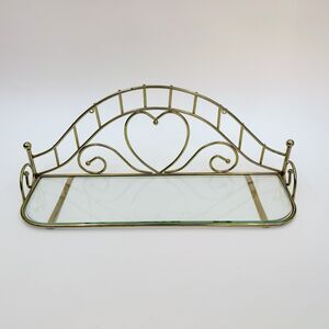 Vintage 80's Brass Glass Wall Shelf Heart Cottagecore Country